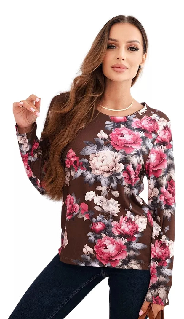 Women's brown floral long-sleeved blouse Flowers