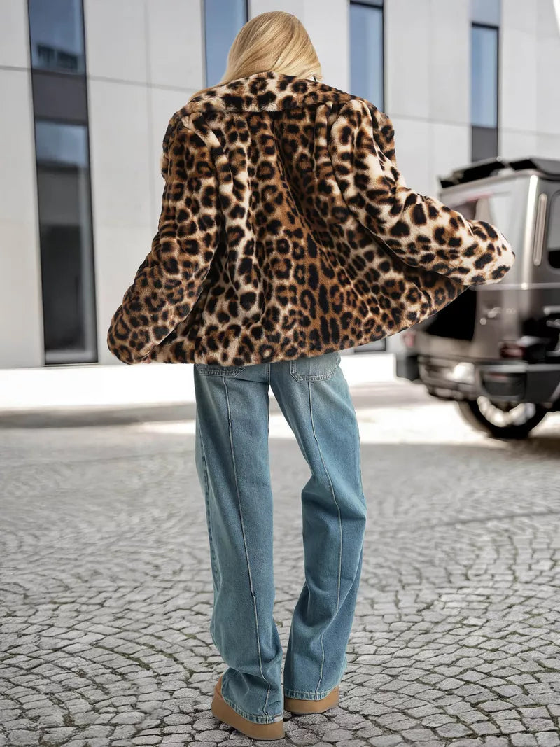 Women's brown fur jacket with animal print Leopard