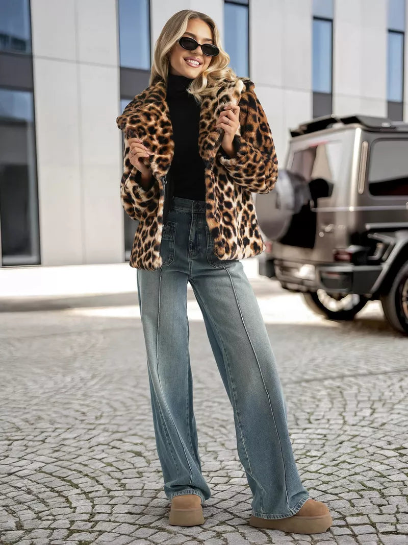 Women's brown fur jacket with animal print Leopard