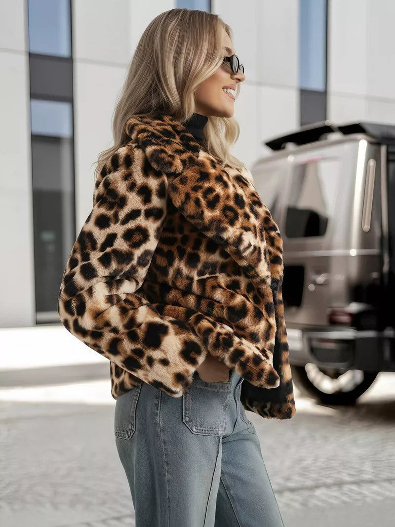 Women's brown fur jacket with animal print Leopard