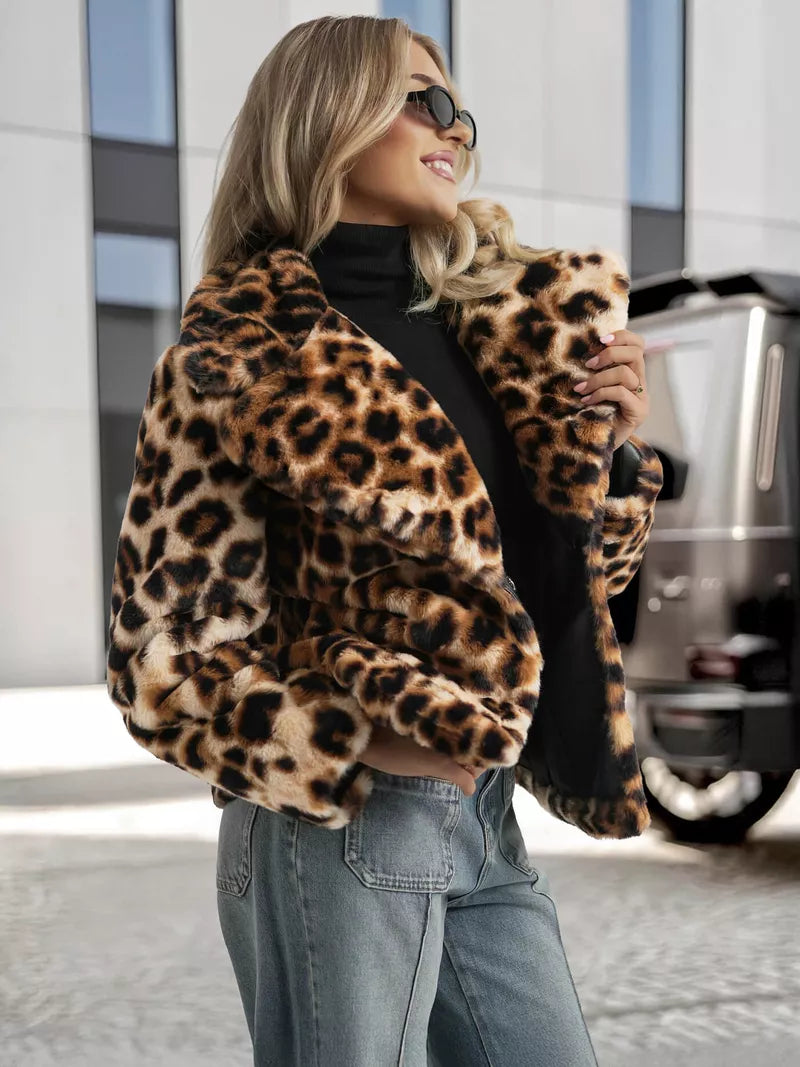 Women's brown fur jacket with animal print Leopard