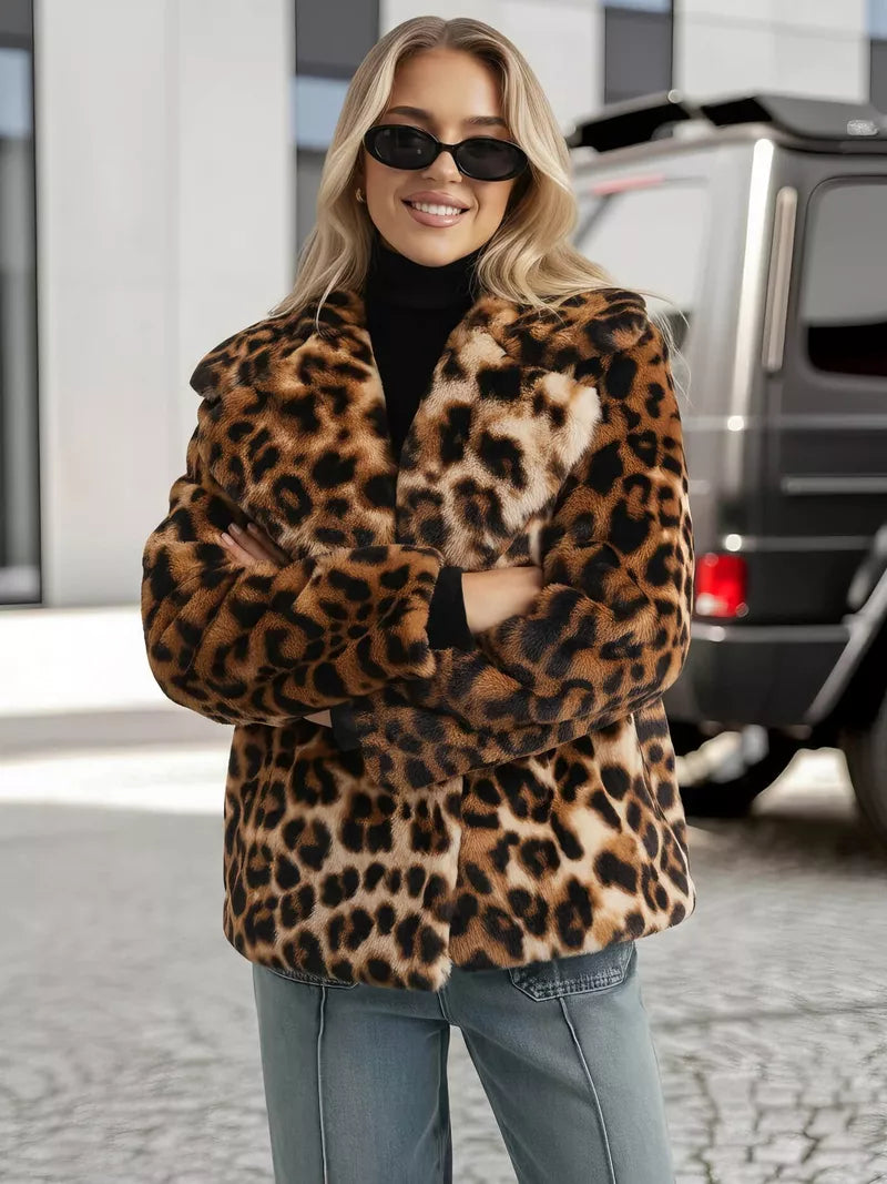 Women's brown fur jacket with animal print Leopard