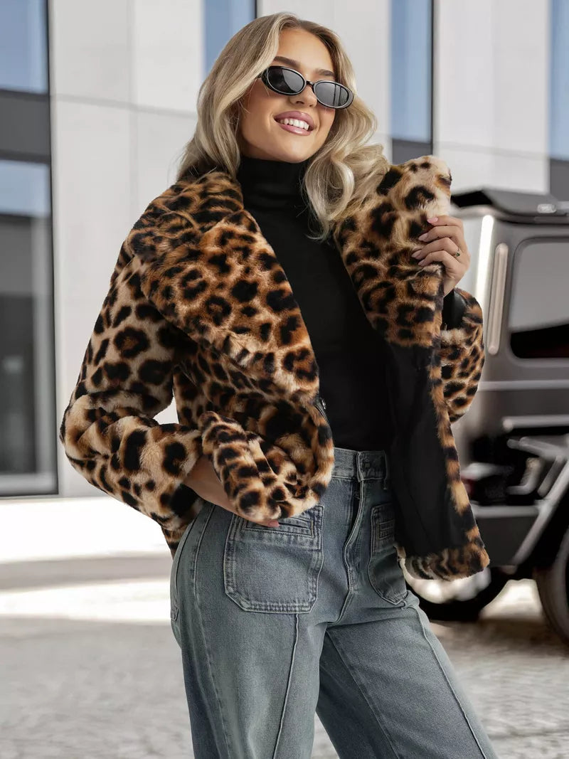 Women's brown fur jacket with animal print Leopard