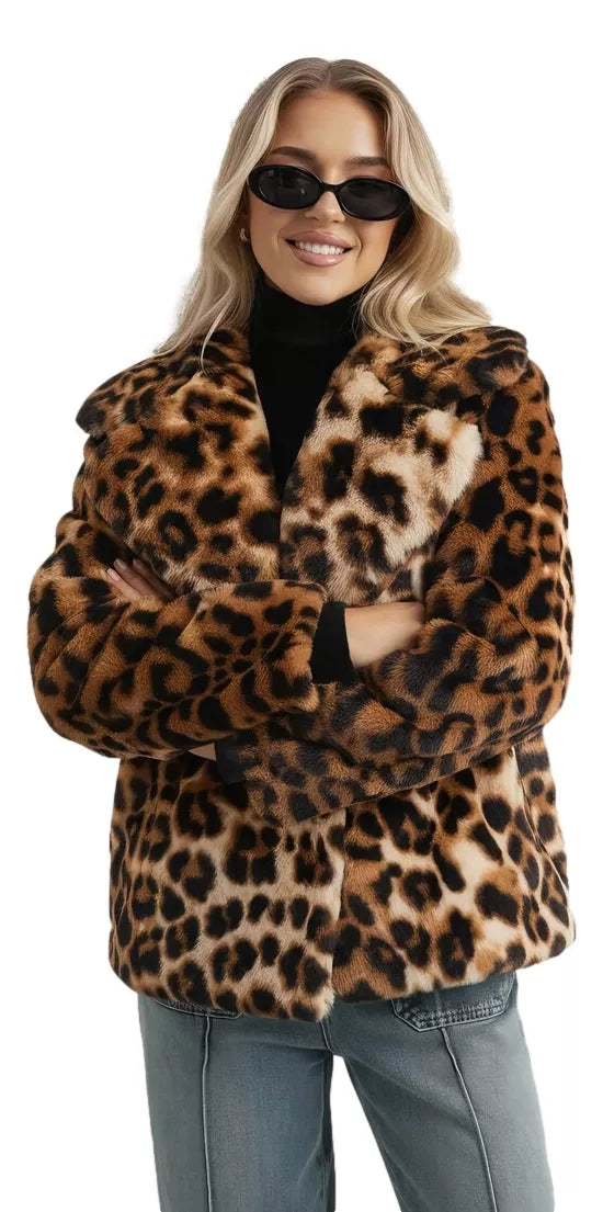Women's brown fur jacket with animal print Leopard