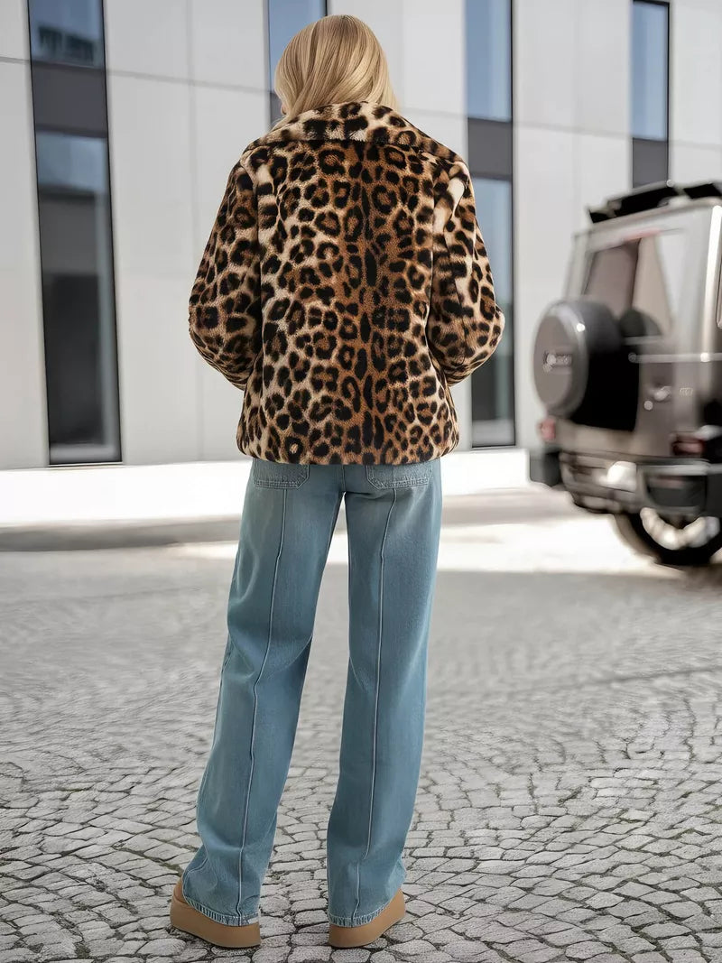 Women's brown fur jacket with animal print Leopard