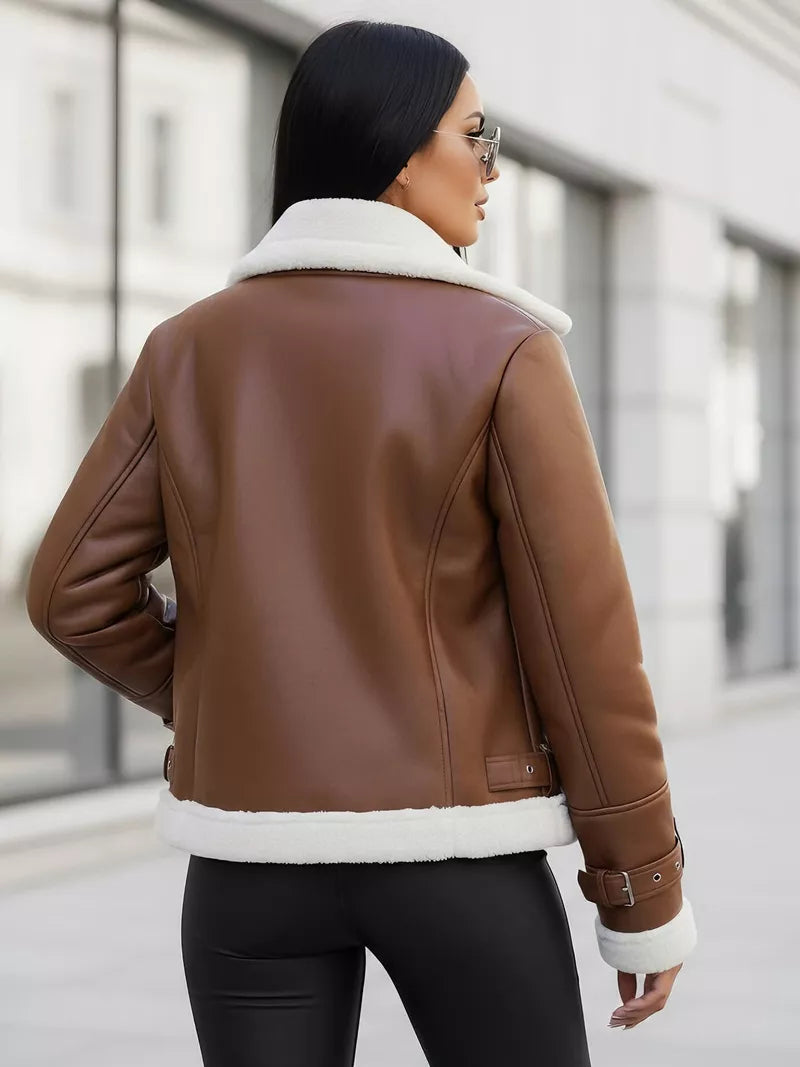 Women's brown leather jacket with fur Elen