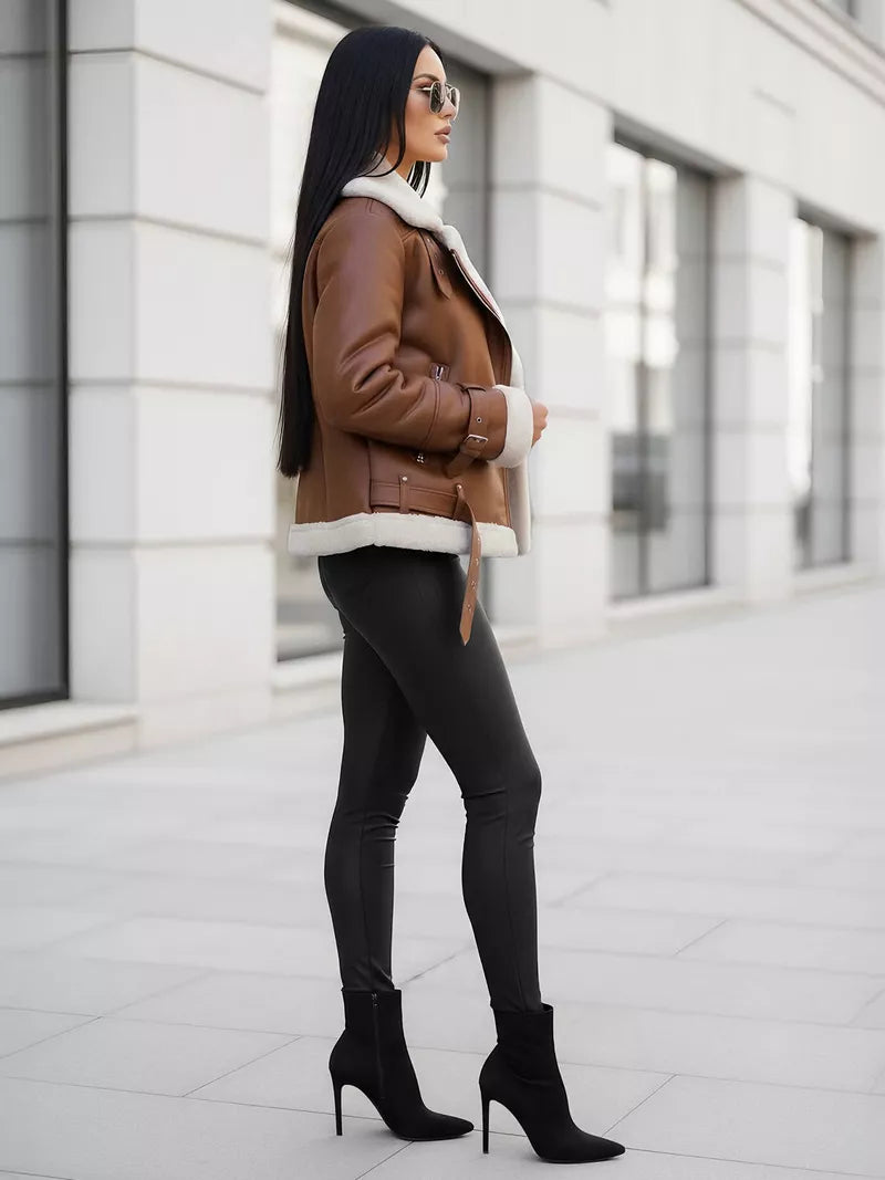 Women's brown leather jacket with fur Elen