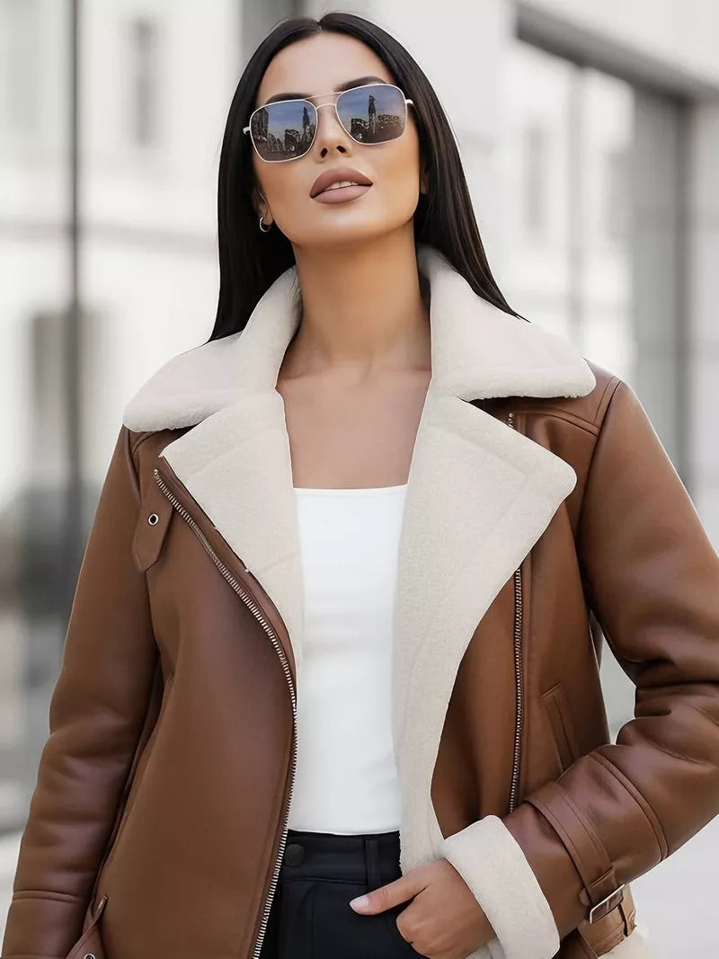 Women's brown leather jacket with fur Elen
