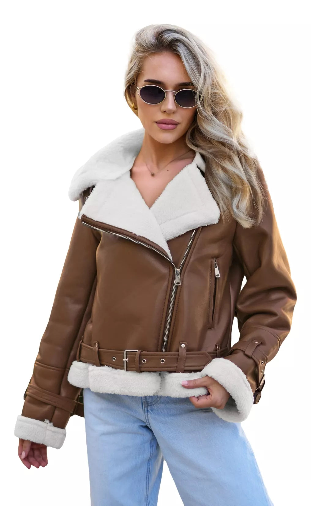 Women's brown leather jacket with fur Elen