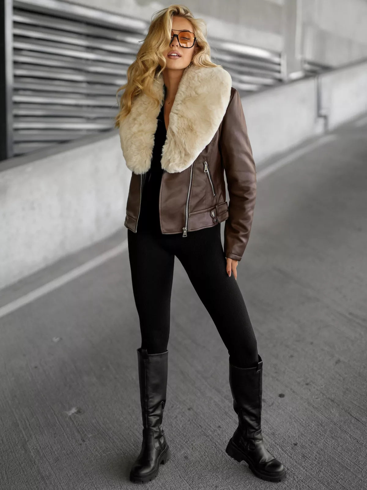 Women's brown leather jacket with fur Laser