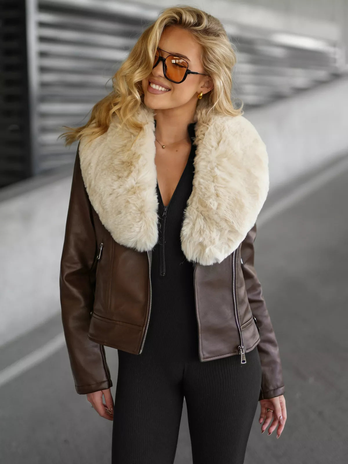 Women's brown leather jacket with fur Laser