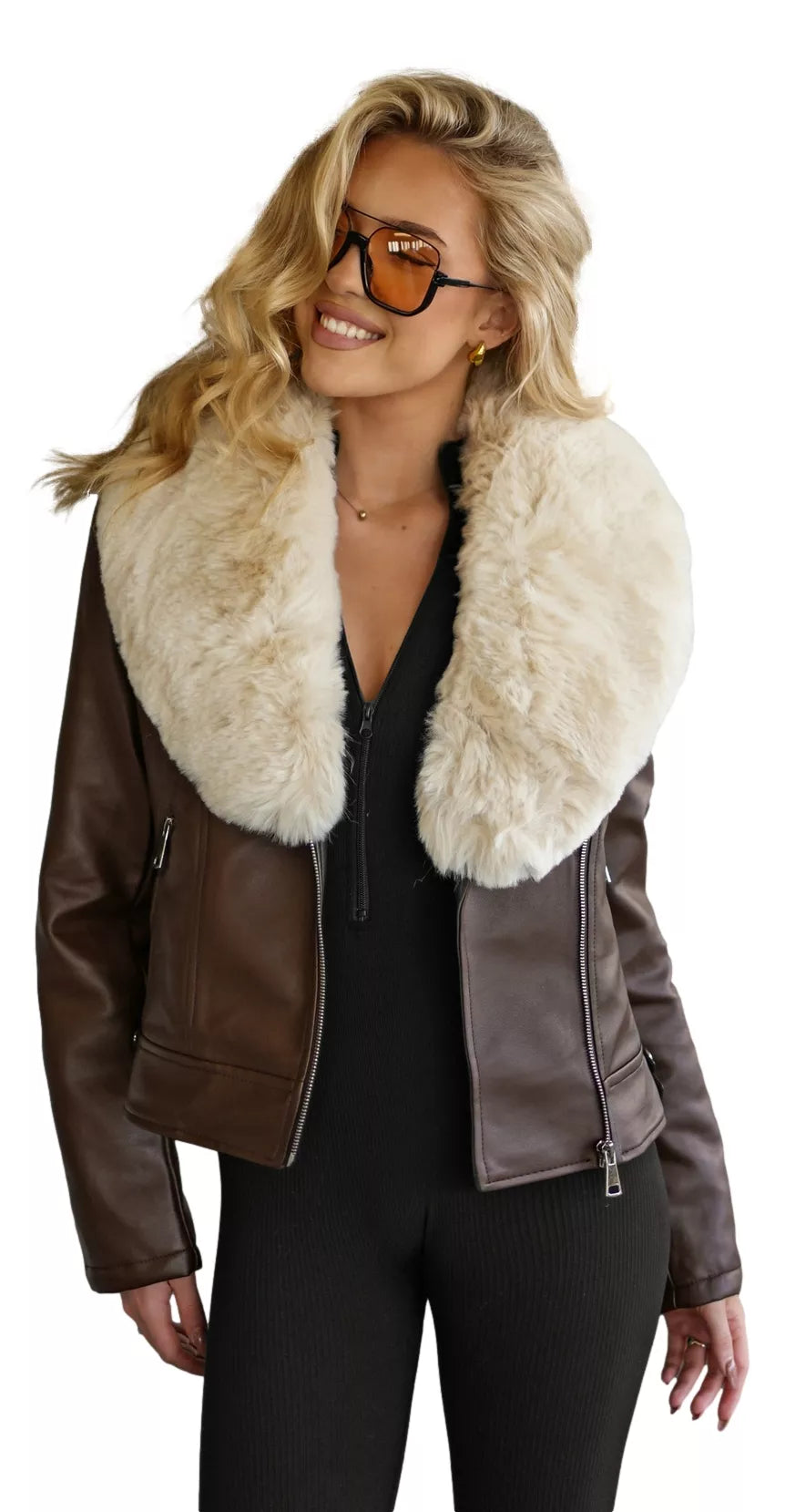 Women's brown leather jacket with fur Laser