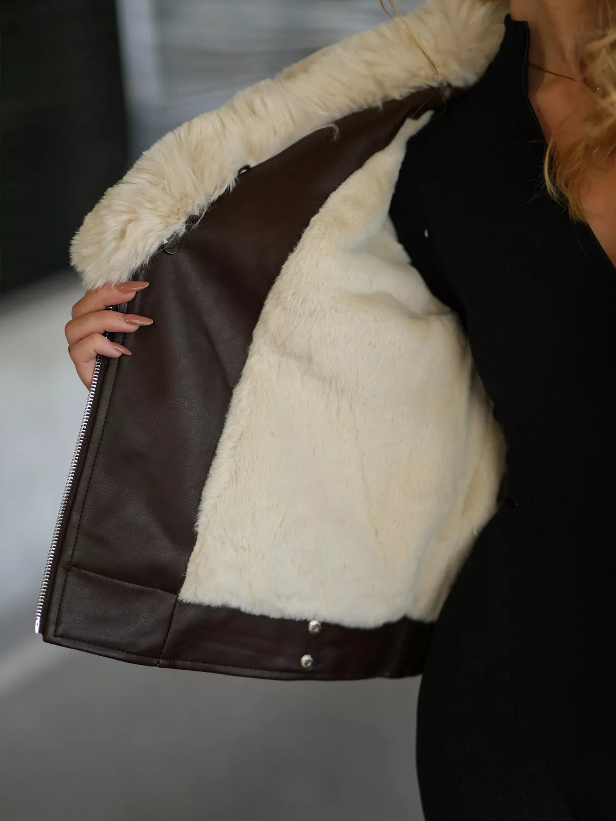 Women's brown leather jacket with fur Laser