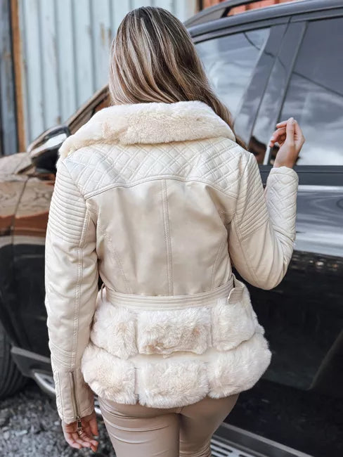 Women's brown leather biker jacket with fur Lora