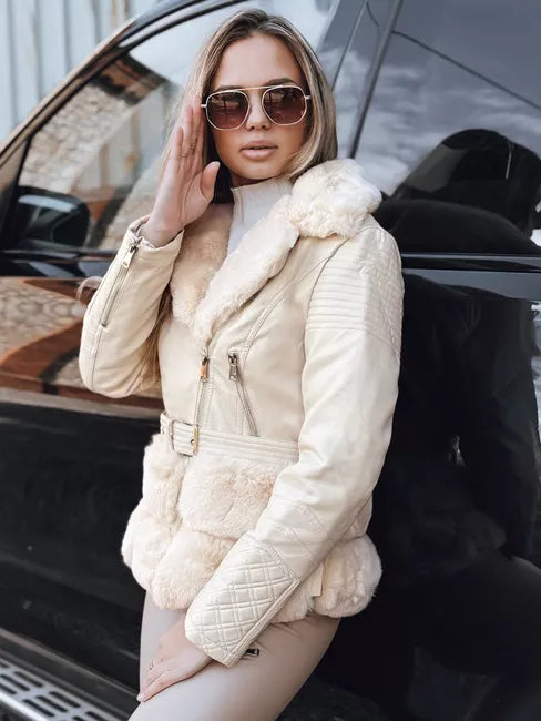 Women's brown leather biker jacket with fur Lora