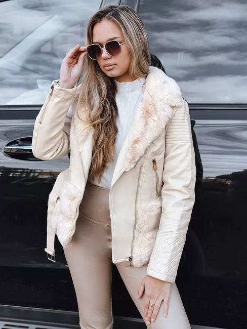 Women's brown leather biker jacket with fur Lora