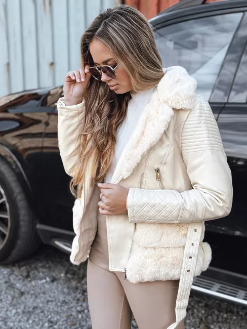 Women's brown leather biker jacket with fur Lora