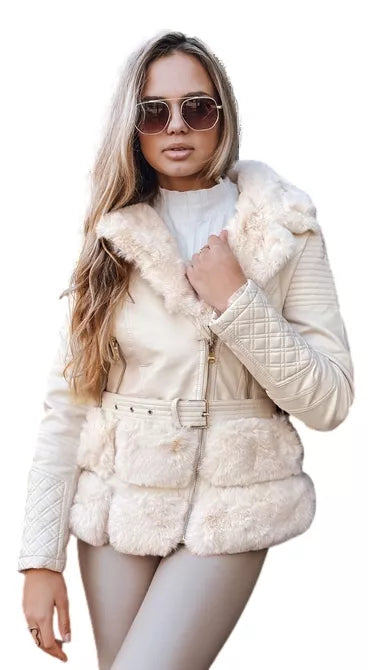 Women's brown leather biker jacket with fur Lora