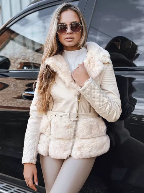 Women's brown leather biker jacket with fur Lora