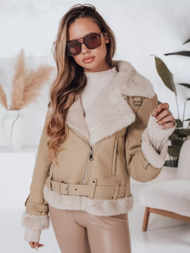 Women's brown leather jacket with fur Monim