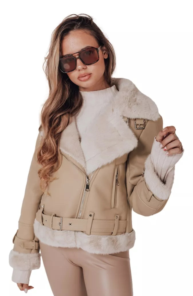 Women's brown leather jacket with fur Monim