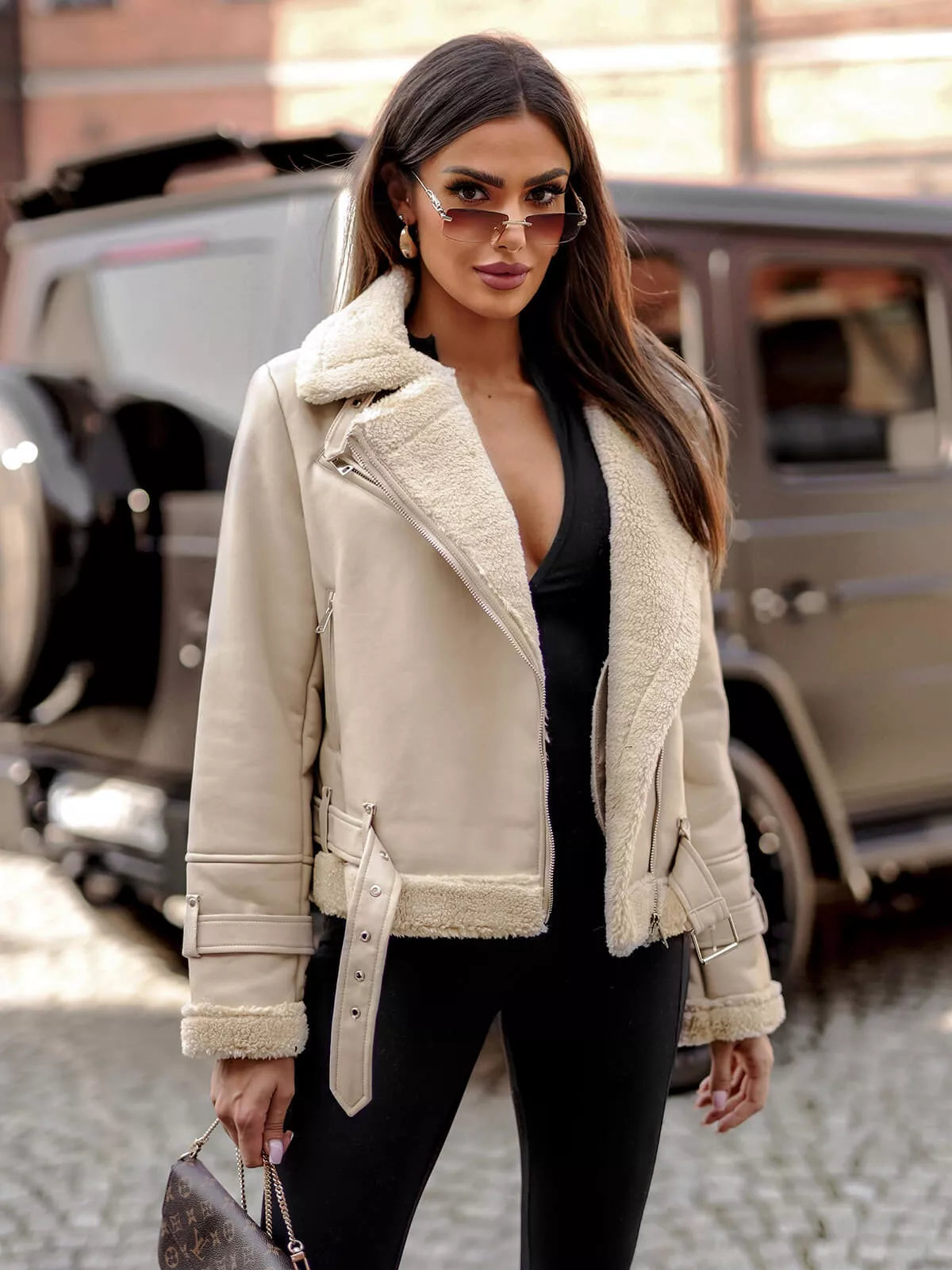 Women's brown leather jacket with fur Elen