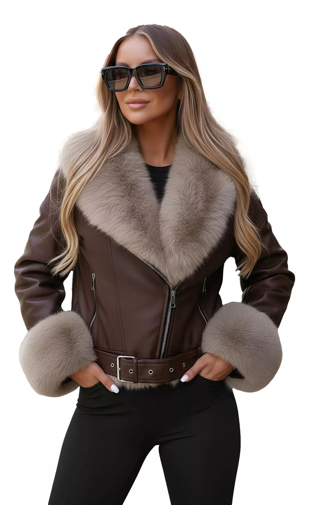 Women's dark brown jacket with brown fur Real
