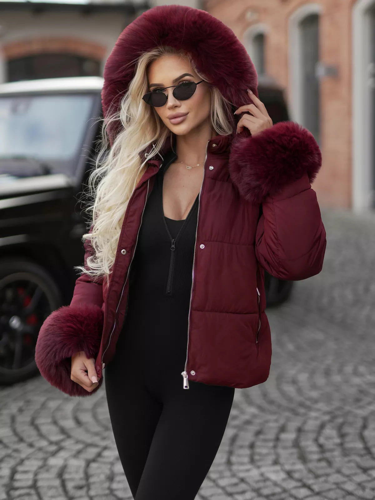 Women's burgundy winter jacket with fur Evin