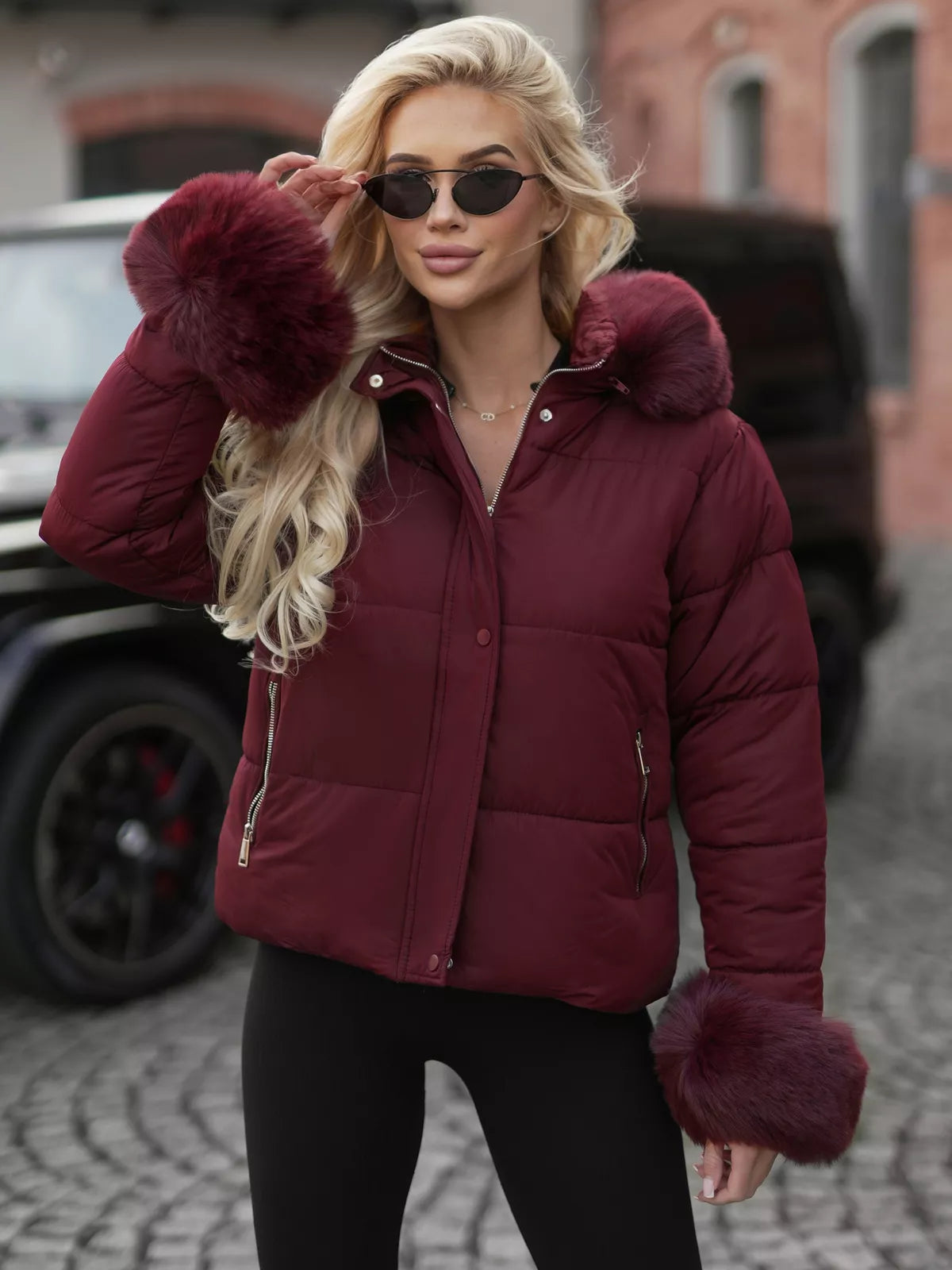 Women's burgundy winter jacket with fur Evin