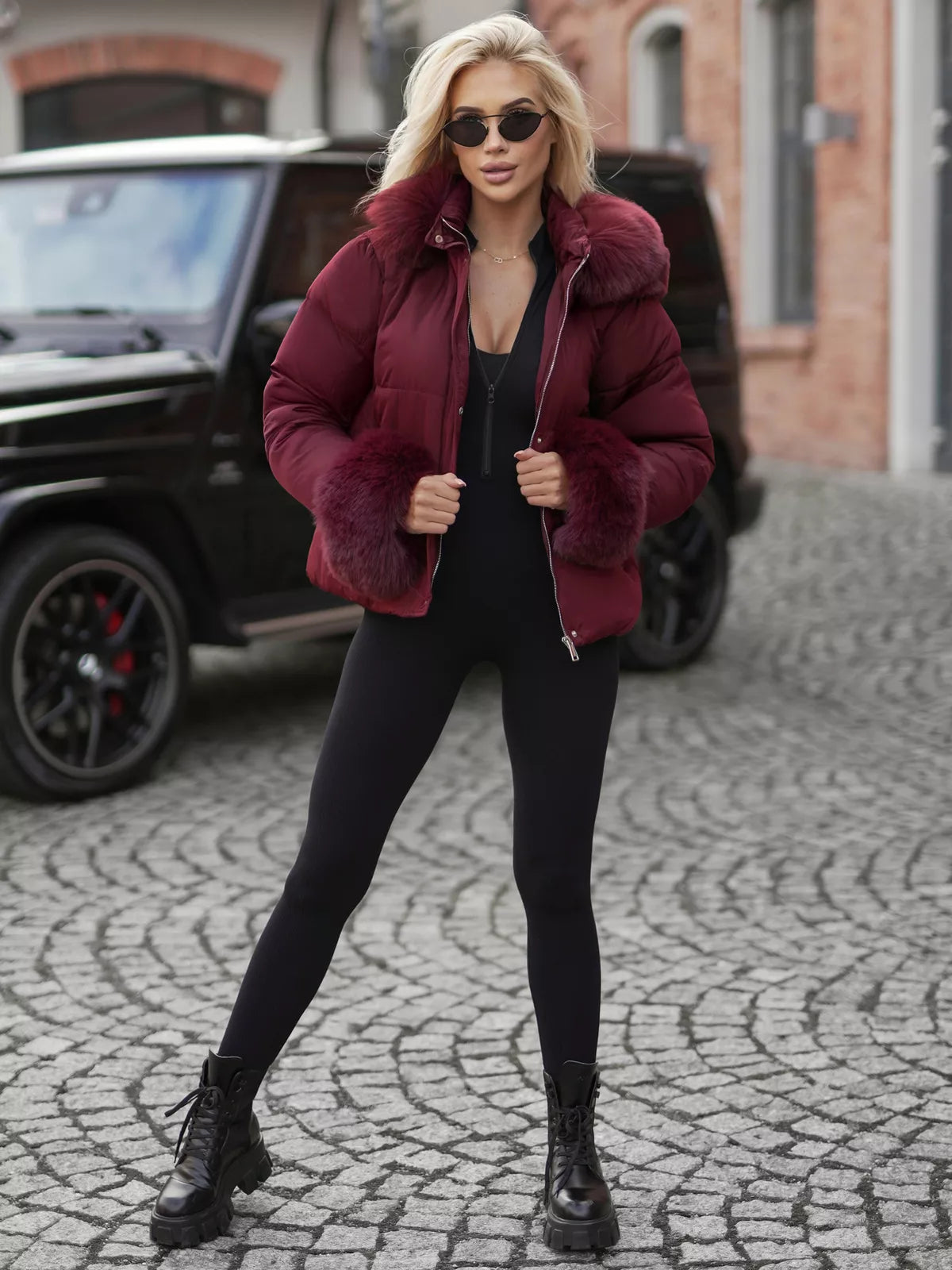 Women's burgundy winter jacket with fur Evin