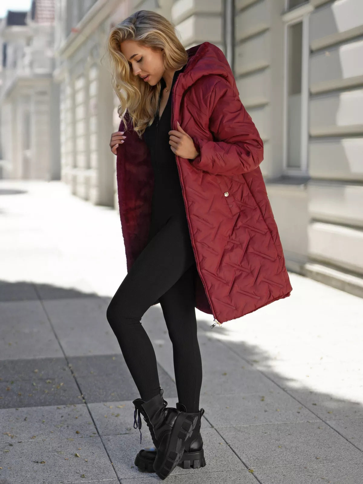Women's winter reversible burgundy jacket with hood Ela