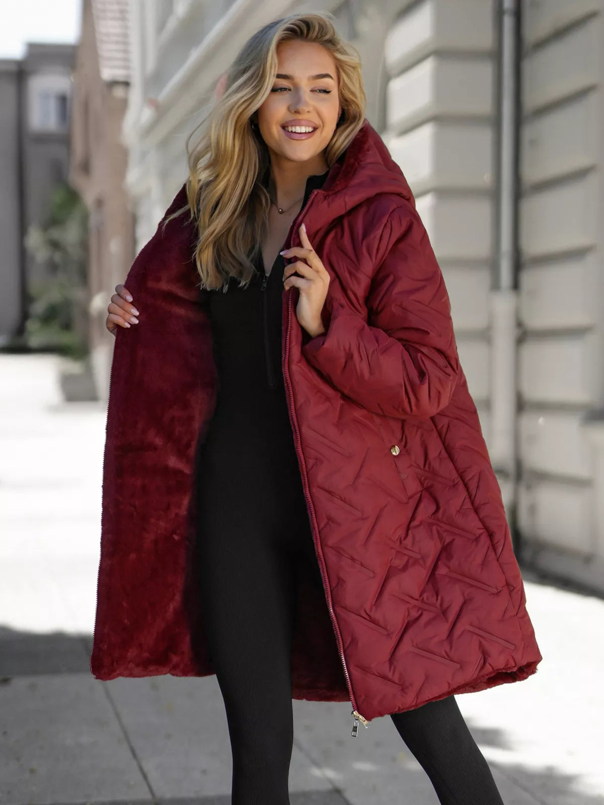 Women's winter reversible burgundy jacket with hood Ela