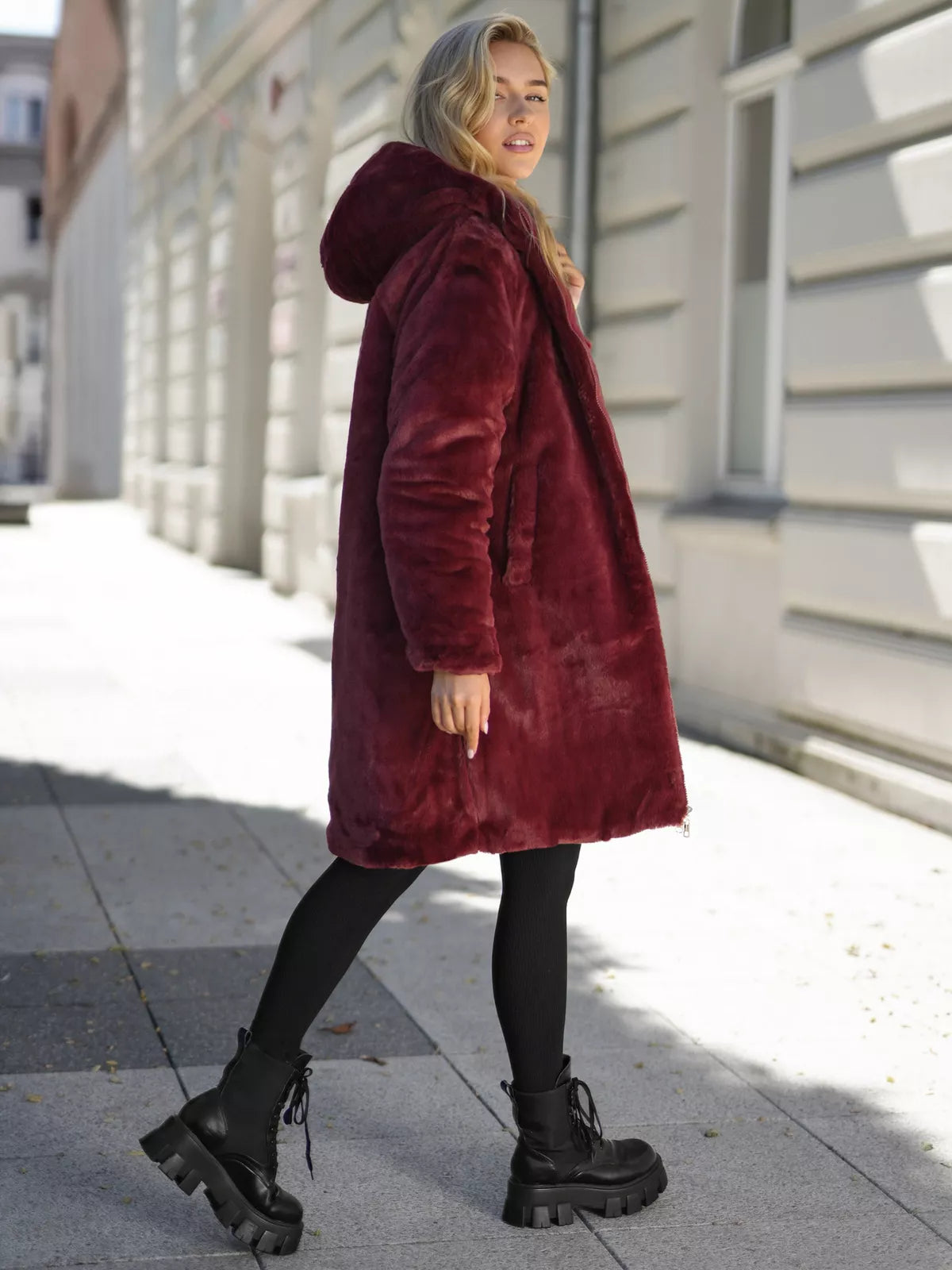 Women's winter reversible burgundy jacket with hood Ela