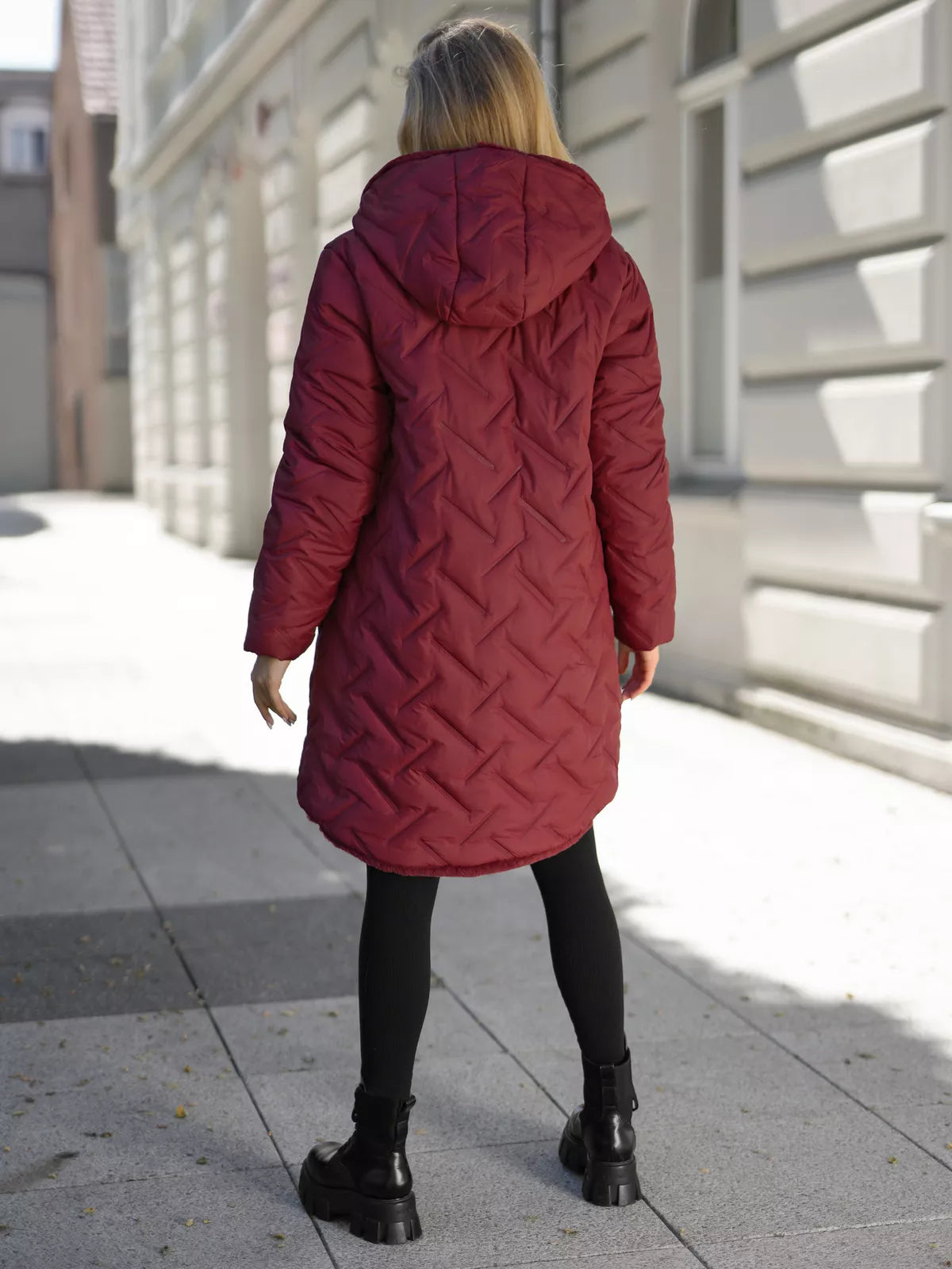 Women's winter reversible burgundy jacket with hood Ela