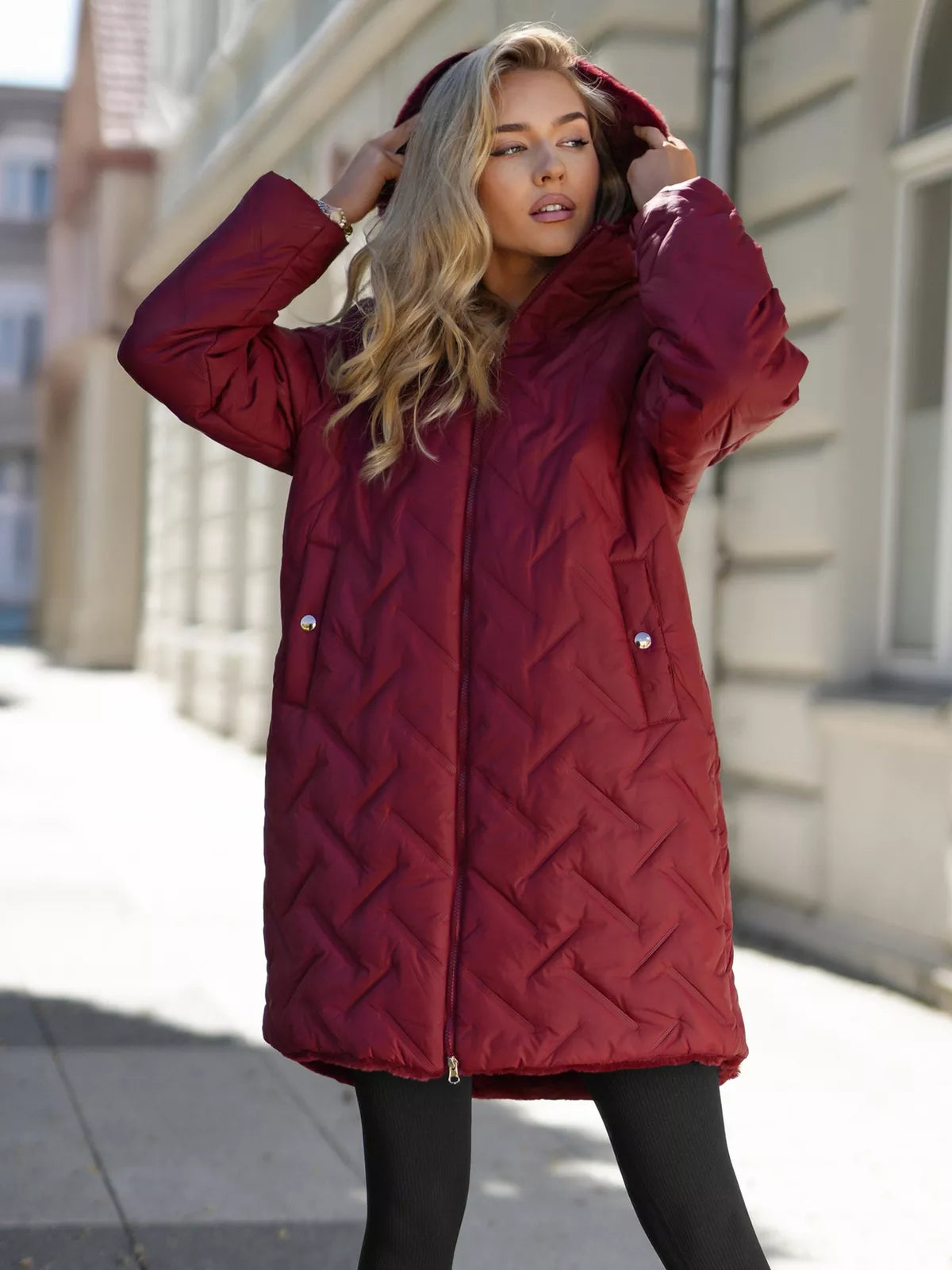 Women's winter reversible burgundy jacket with hood Ela
