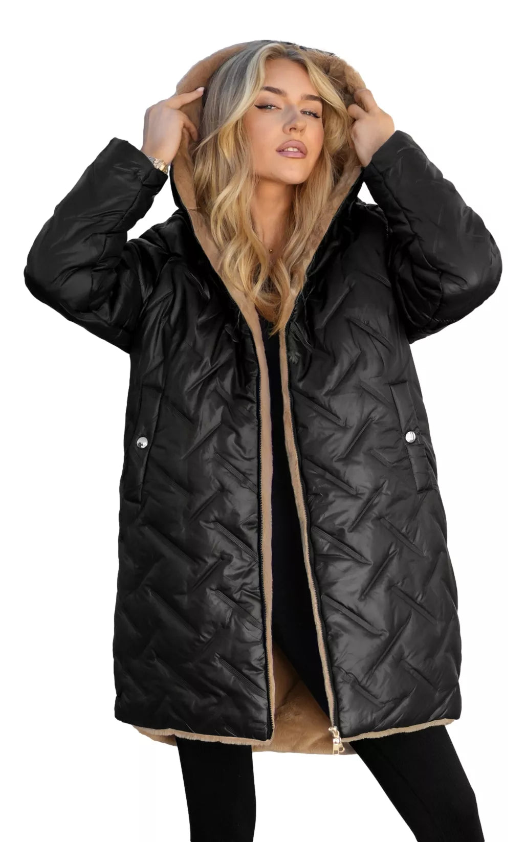 Women's winter reversible black jacket with hood Ela