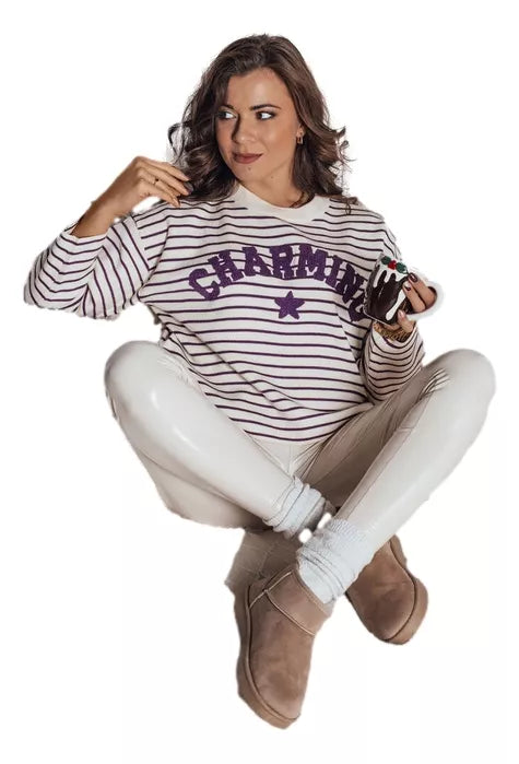 Women's white/purple striped sweater Charming