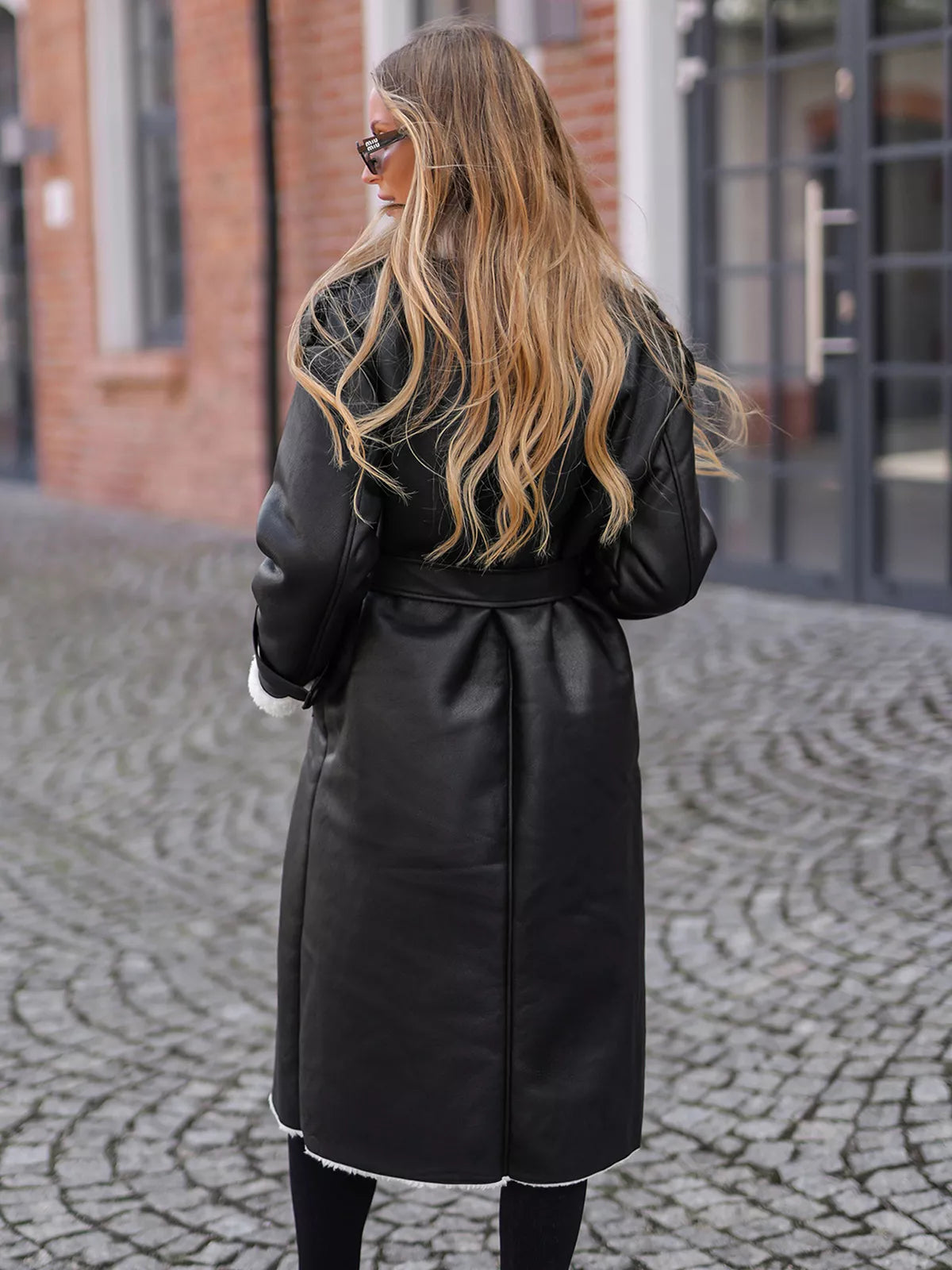 Women's black long leather coat with faux fur Emil