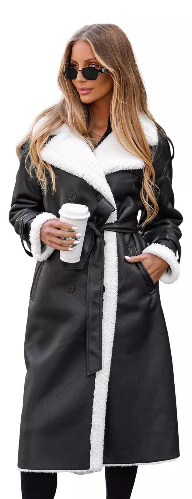 Women's black long leather coat with faux fur Emil