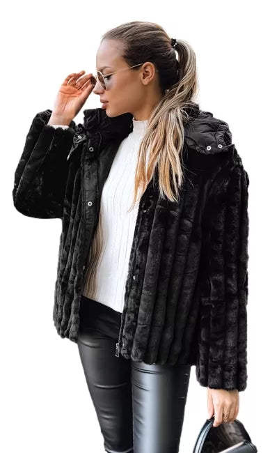 Women's black fur jacket with hood Marly