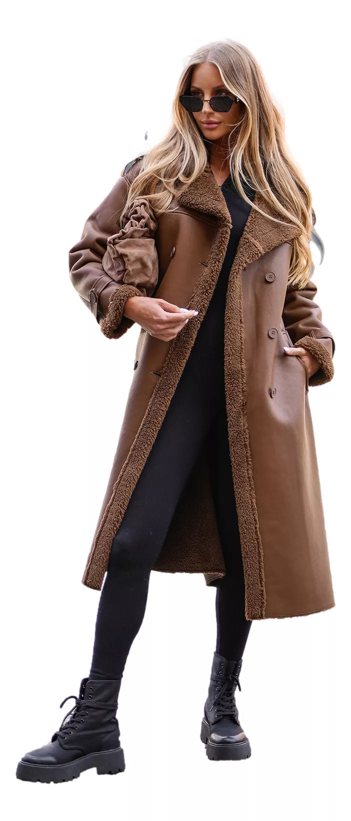 Women's brown long leather coat with faux fur Emil