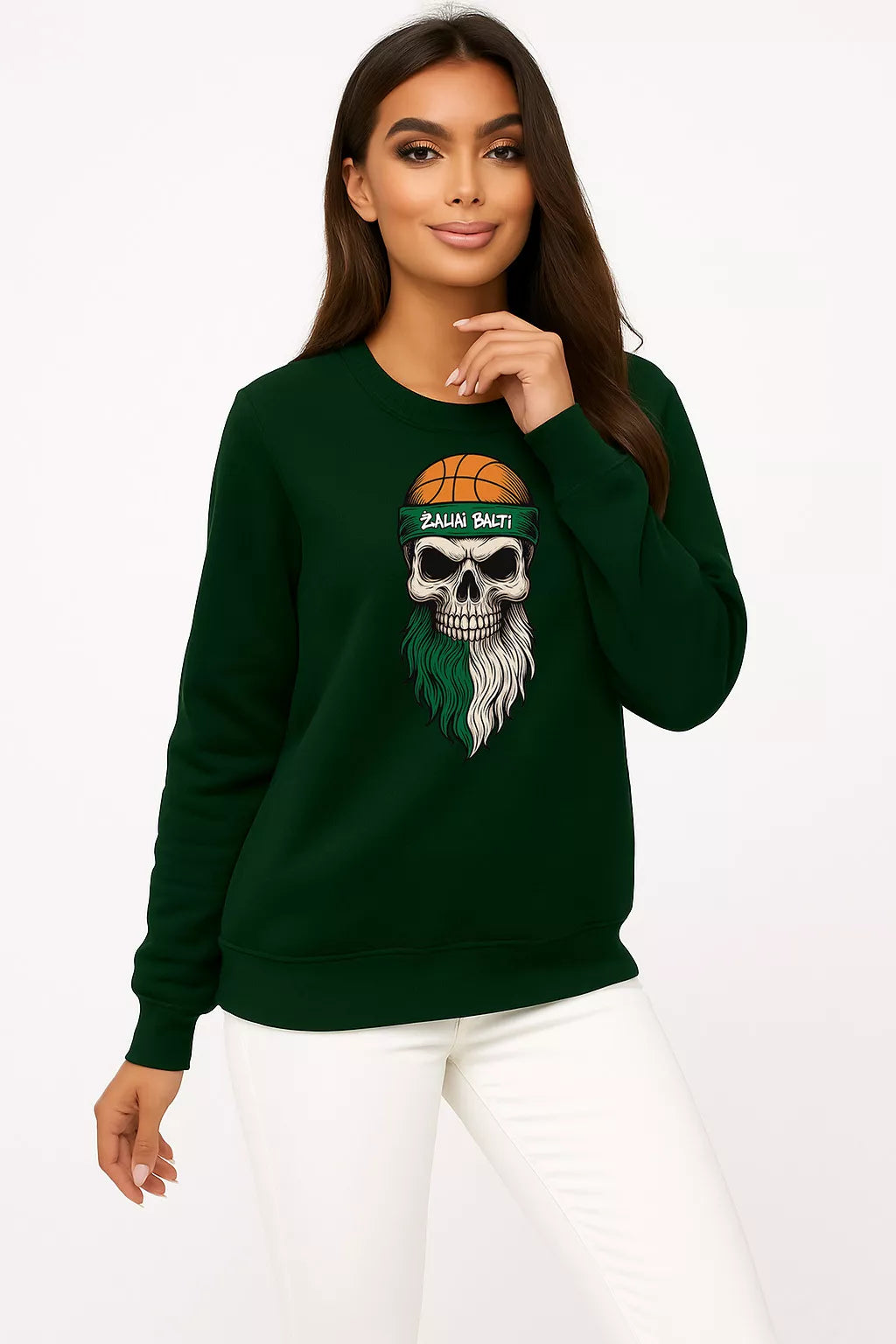 Women's dark green hoodie Green and white