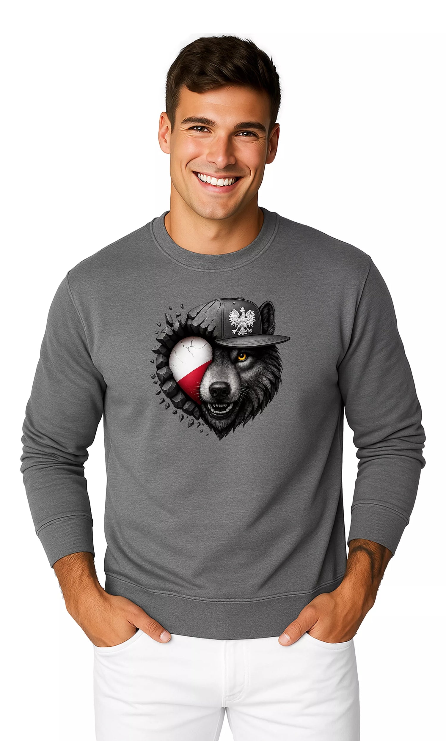 Men's gray sweater Poland wolf