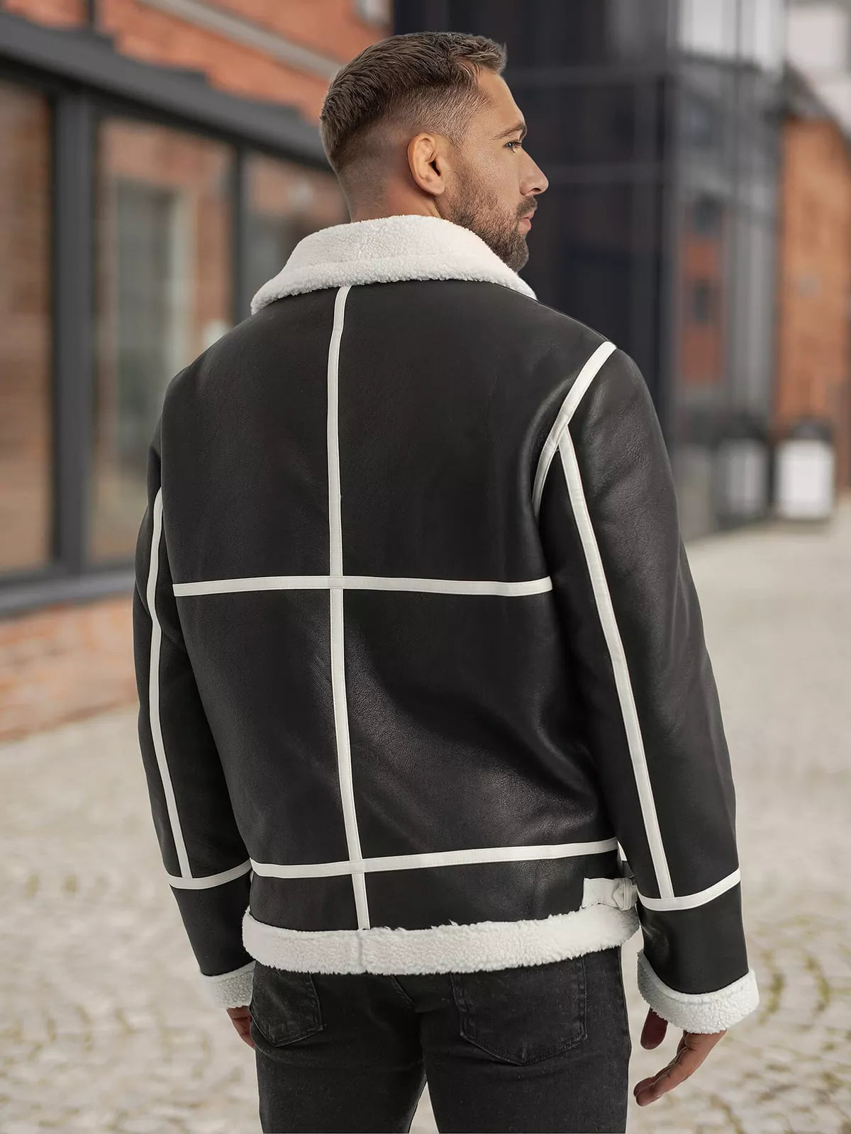 Men's black leather jacket with white fur Capri