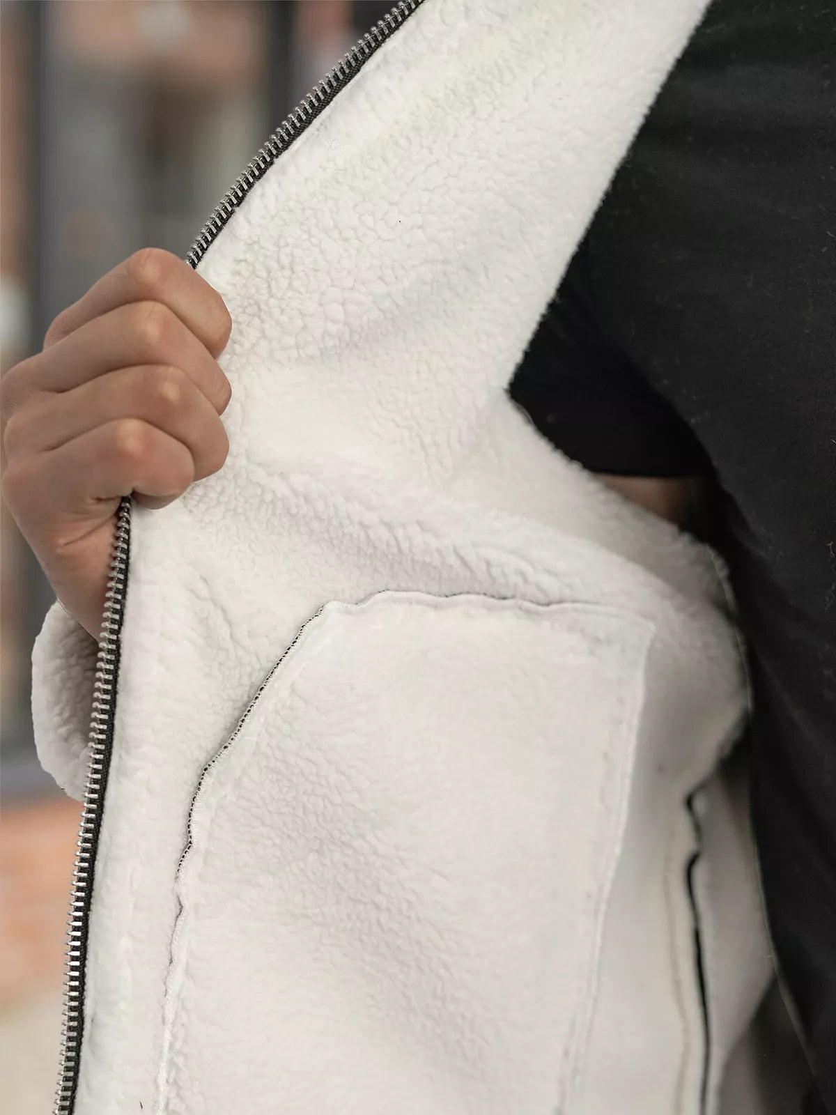 Men's black leather jacket with white fur Capri