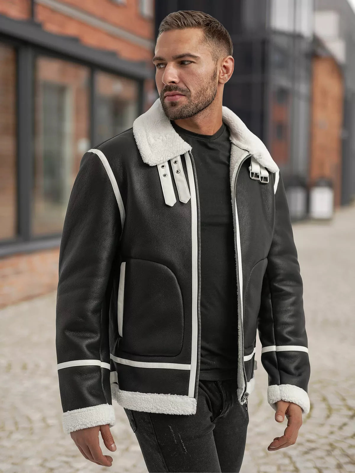 Men's black leather jacket with white fur Capri