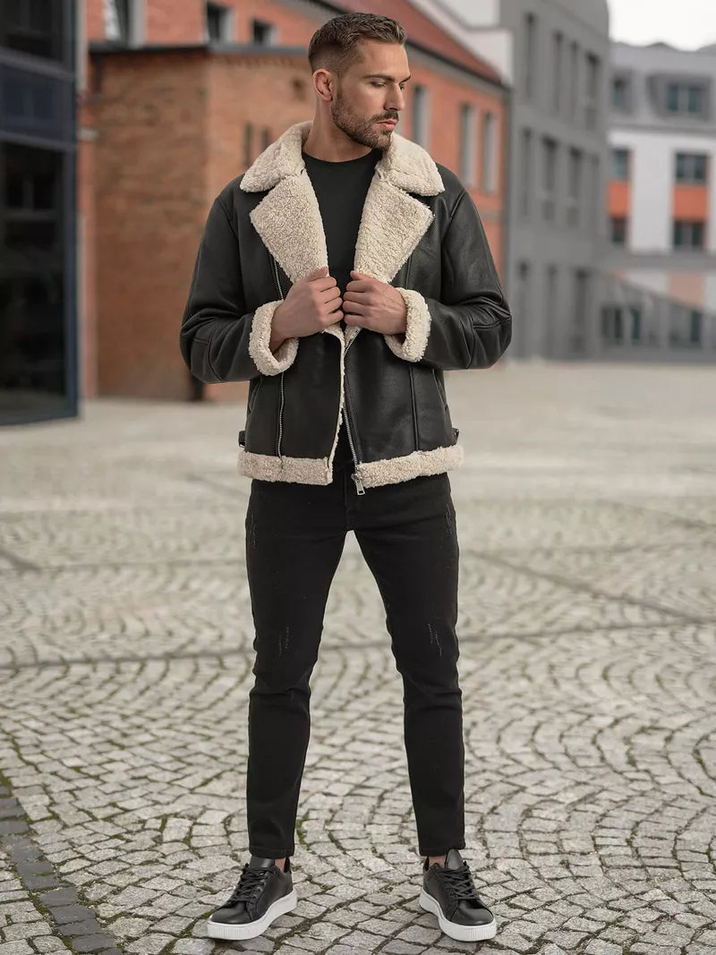 Men's black leather jacket with fur