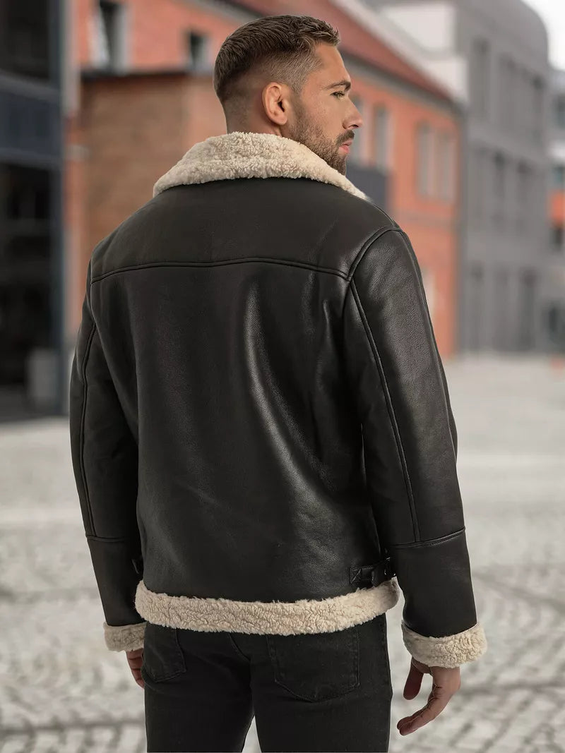 Men's black leather jacket with fur