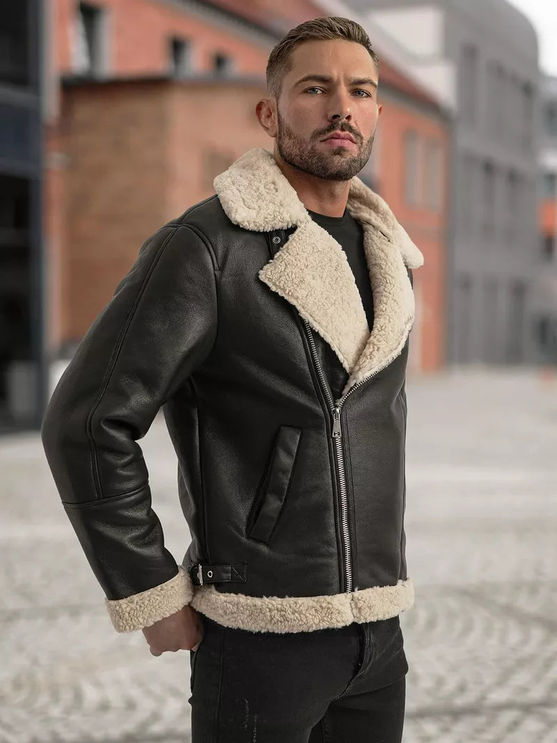 Men's black leather jacket with fur