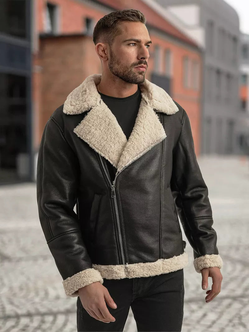 Men's black leather jacket with fur